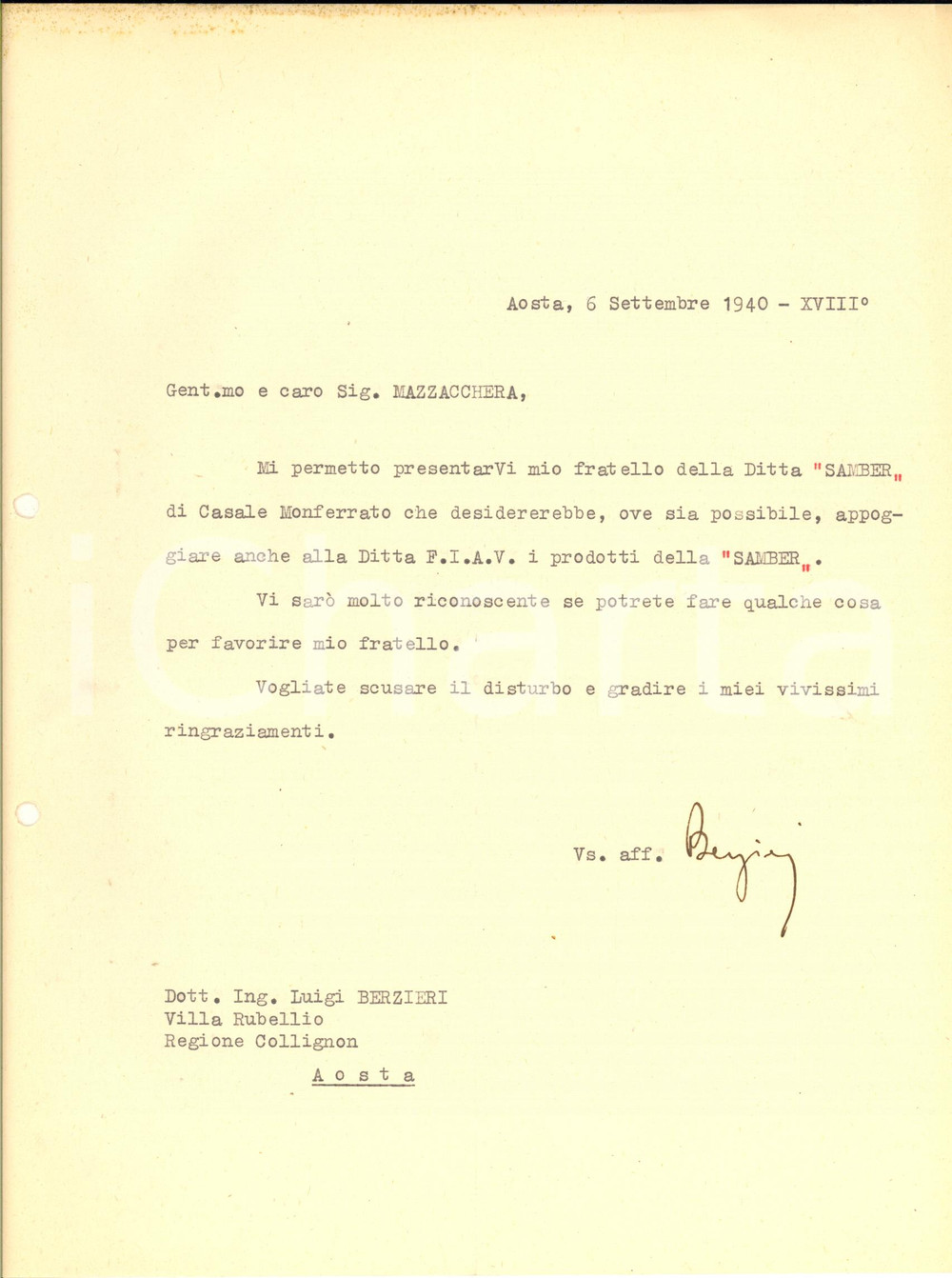Manoscritto, lettera originale 1940 AOSTA Lettera ing. Luigi BERZIERI per rappresentanza ditta SAMBER Autografo 1