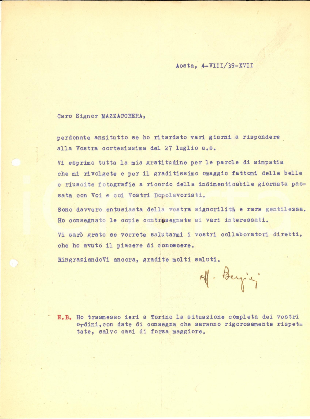 Manoscritto, lettera originale 1939 AOSTA Lettera ing. Luigi BERZIERI per ringraziamento  Autografo 1