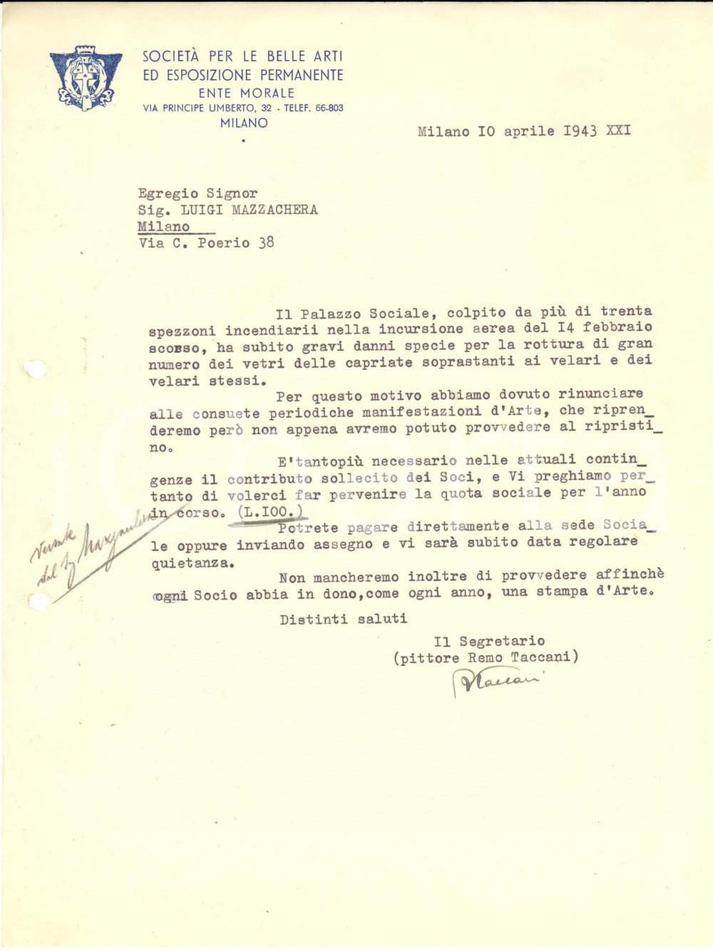 Autografo originale 1943 WW2 MILANO Lettera pittore Remo TACCANI dopo bombardamento della Permanente 1