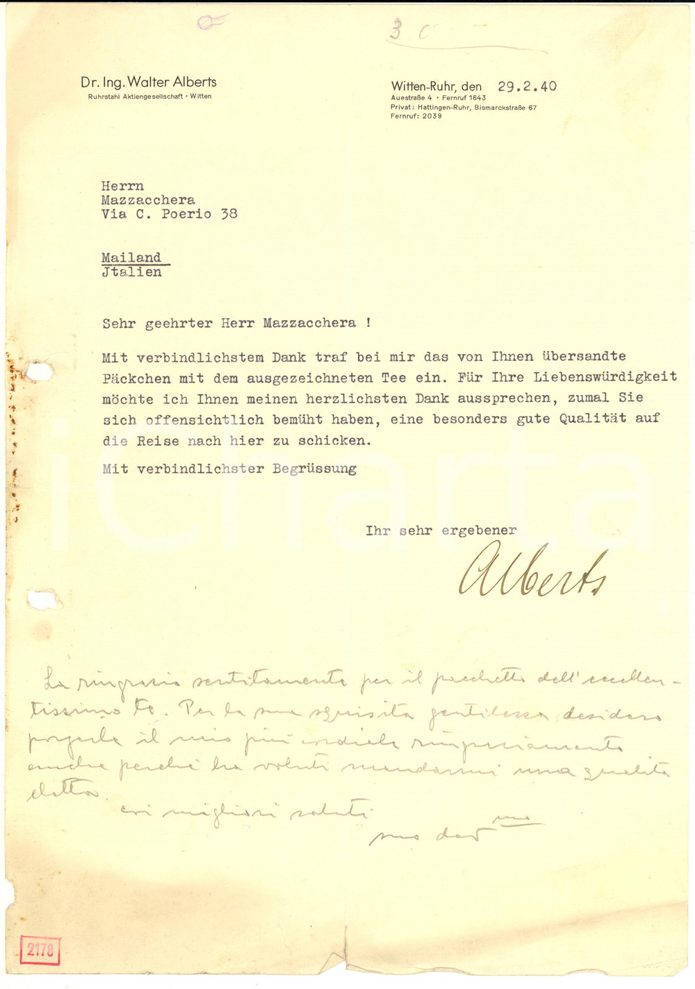 Manoscritto, lettera originale 1940 WITTEN D Lettera ing. Walter ALBERTS per ringraziamento  Autografo 1