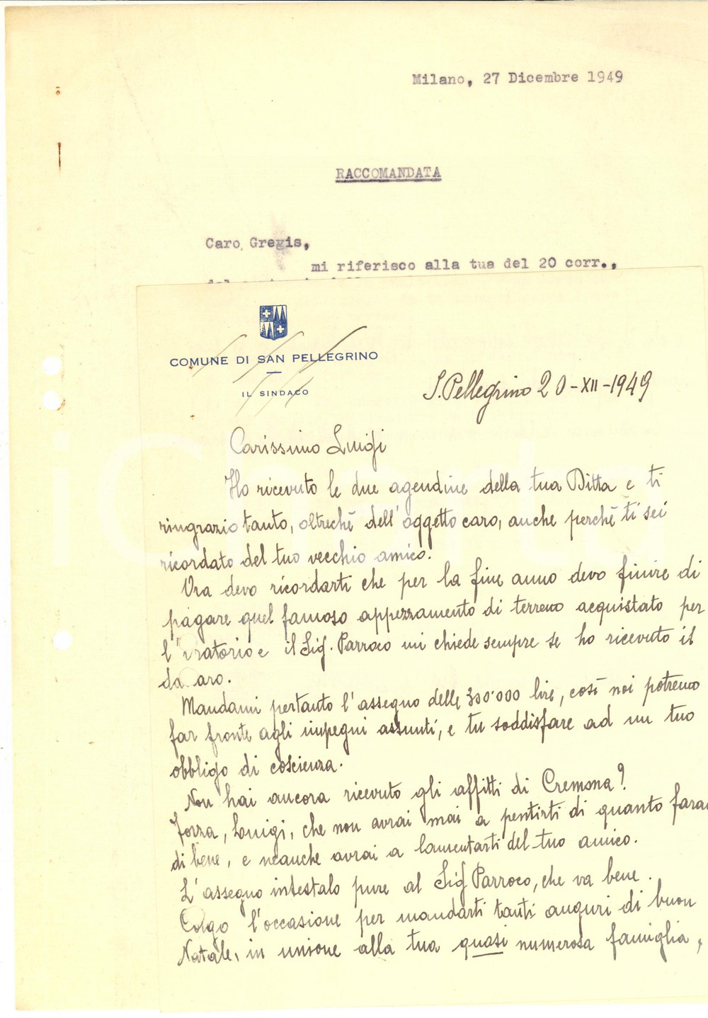 Manoscritto, lettera originale 1949 SAN PELLEGRINO TERME Lettera personale sindaco Gaspare GREGIS  Autografi 1