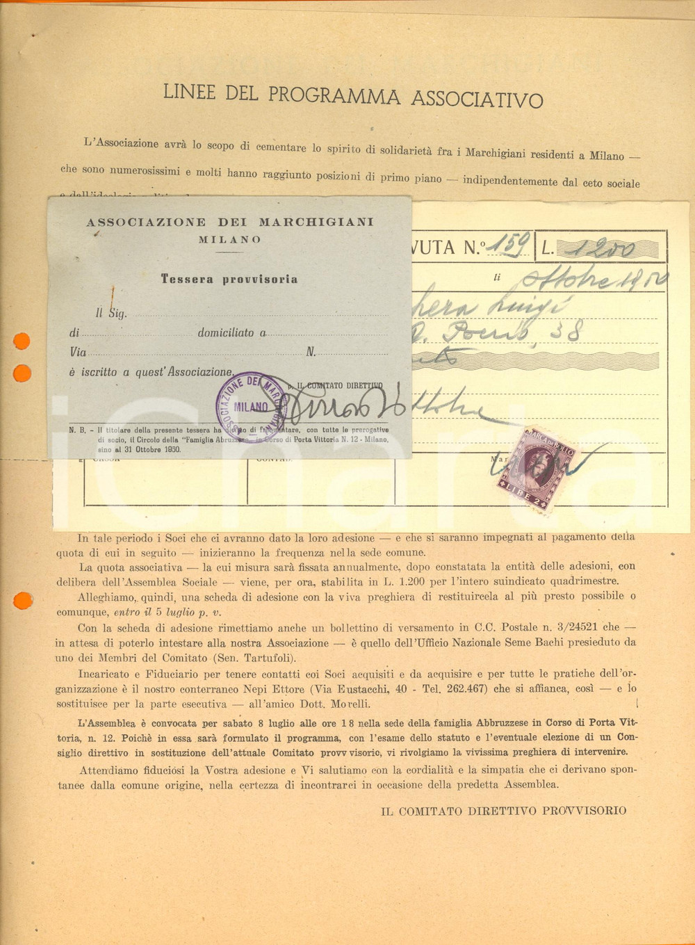 Manoscritto, lettera originale 1950 MILANO Associazione dei Marchigiani  Programma e tessera provisoria 1