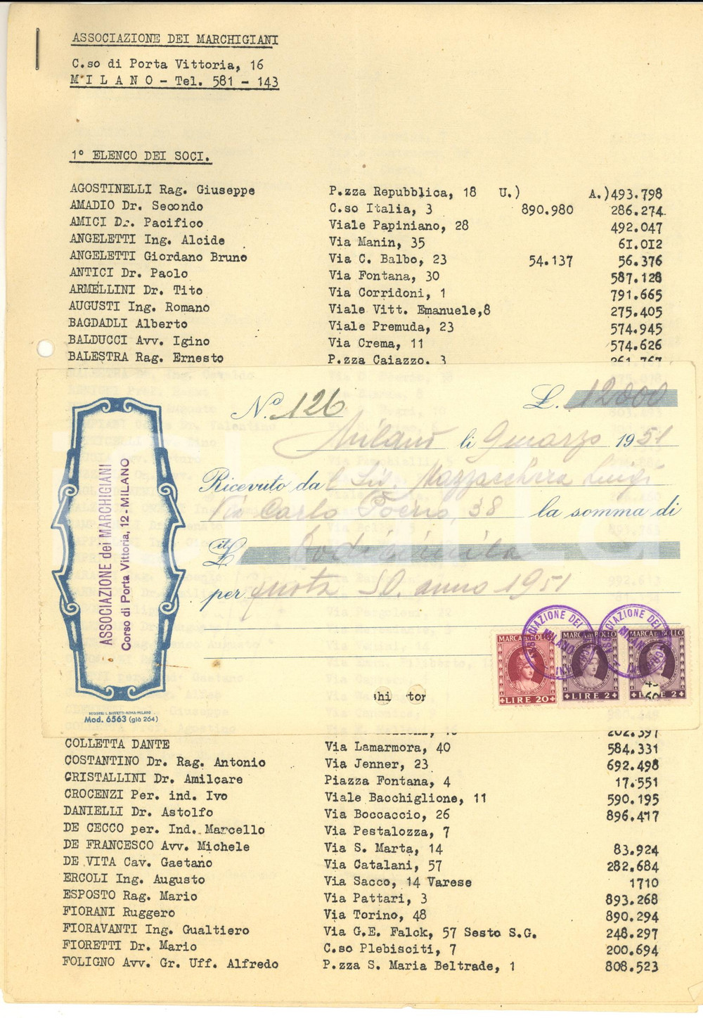 Manoscritto, lettera originale 1951 MILANO Associazione dei Marchigiani  Elenco soci e ricevuta per quota 1