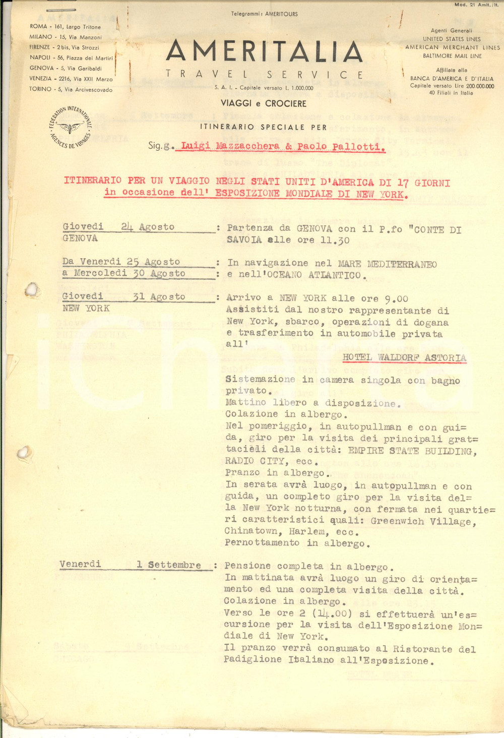 Materiale pubblicitario d’epoca 1939 MILANO AMERITALIA Itinerario viaggio per Esposizione Mondiale New York 1