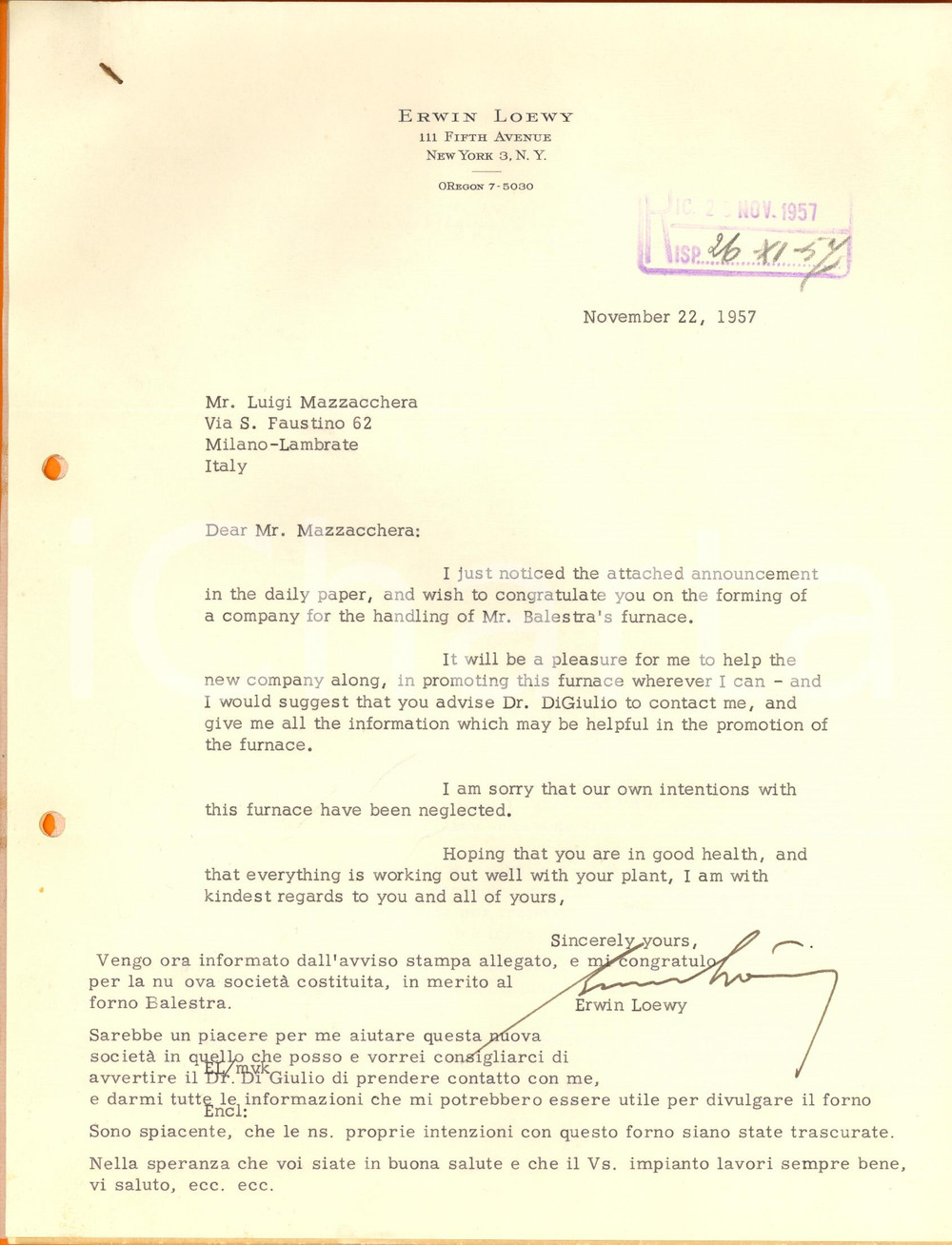 Autografo originale 1957 NEW YORK Lettera Erwin LOEWY per la promozione di un azienda Autografo 1