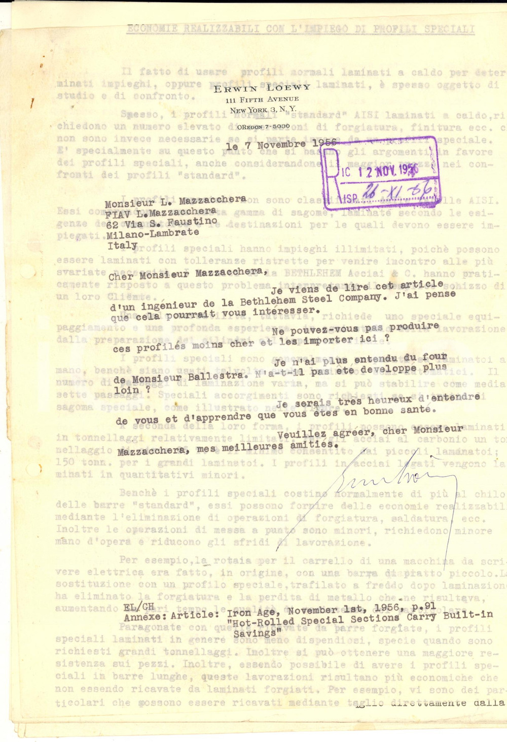 Autografo originale 1956 NEW YORK Lettera Erwin LOEWY sull uso dei profili laminati Autografo 1