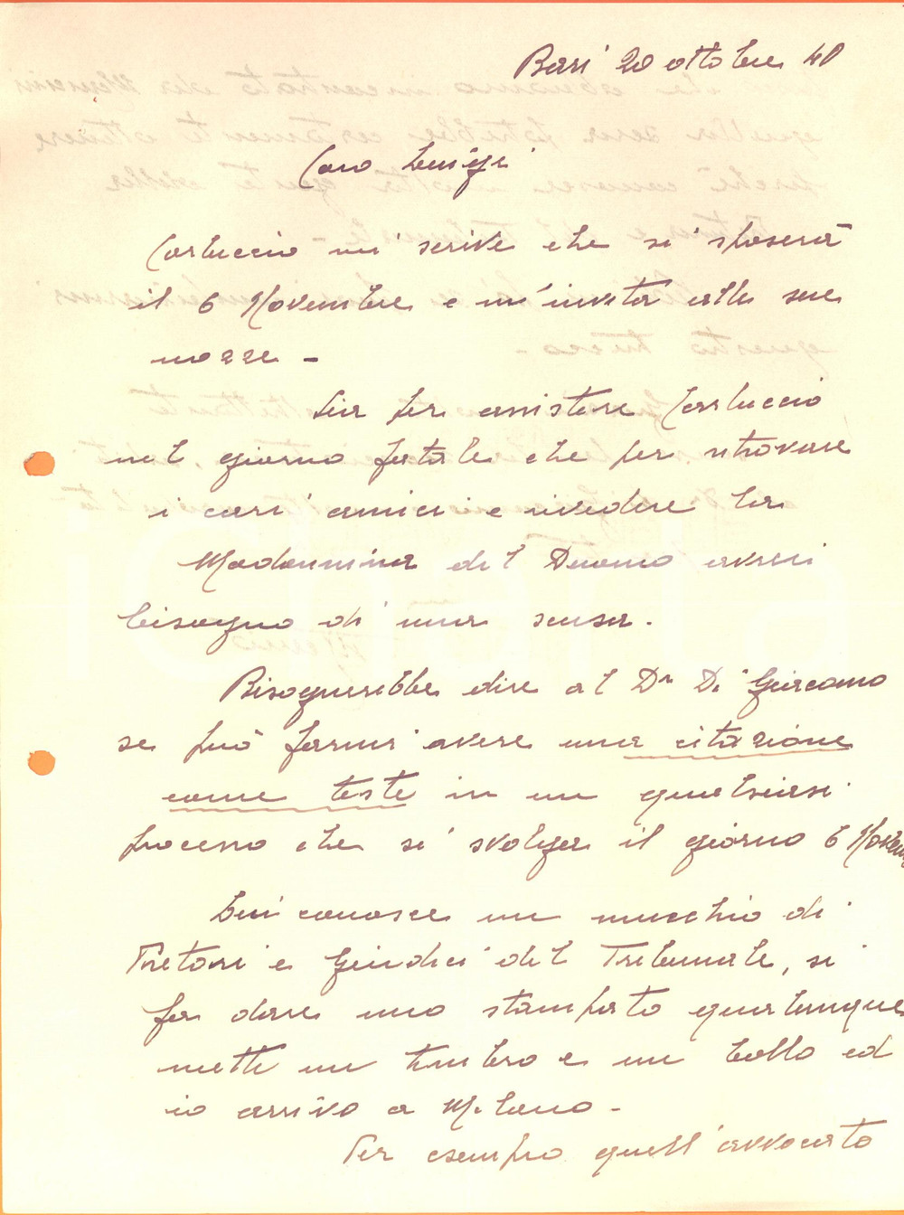 Autografo originale 1940 WW2 BARI Lettera ten. col. Mario ALIANI per testimonianza Autografo 1