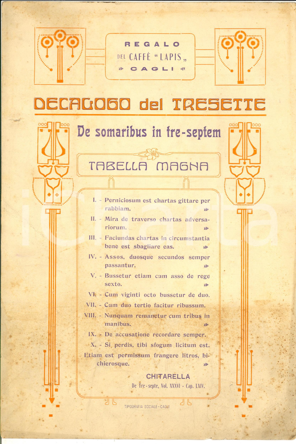 Materiale pubblicitario d’epoca 1900 ca CAGLI Caffé LAPIS  Decalogo del Tresette GOLIARDICO De somaribus 1