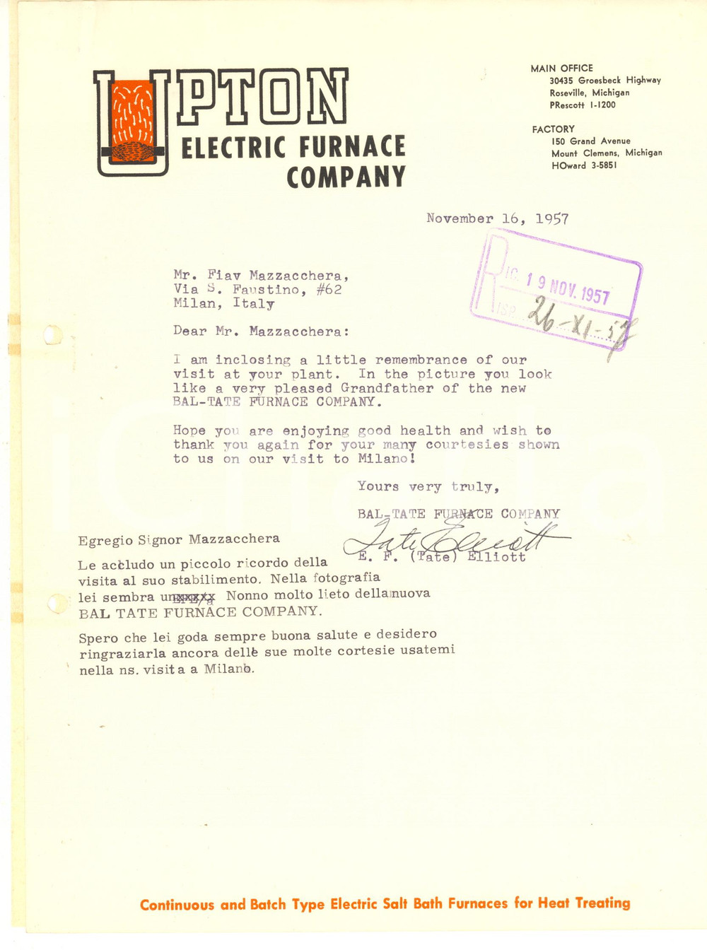 Manoscritto, lettera originale 1957 ROSEVILLE USA UPTON Electric Furnace Company  Lettera su carta intestata 1