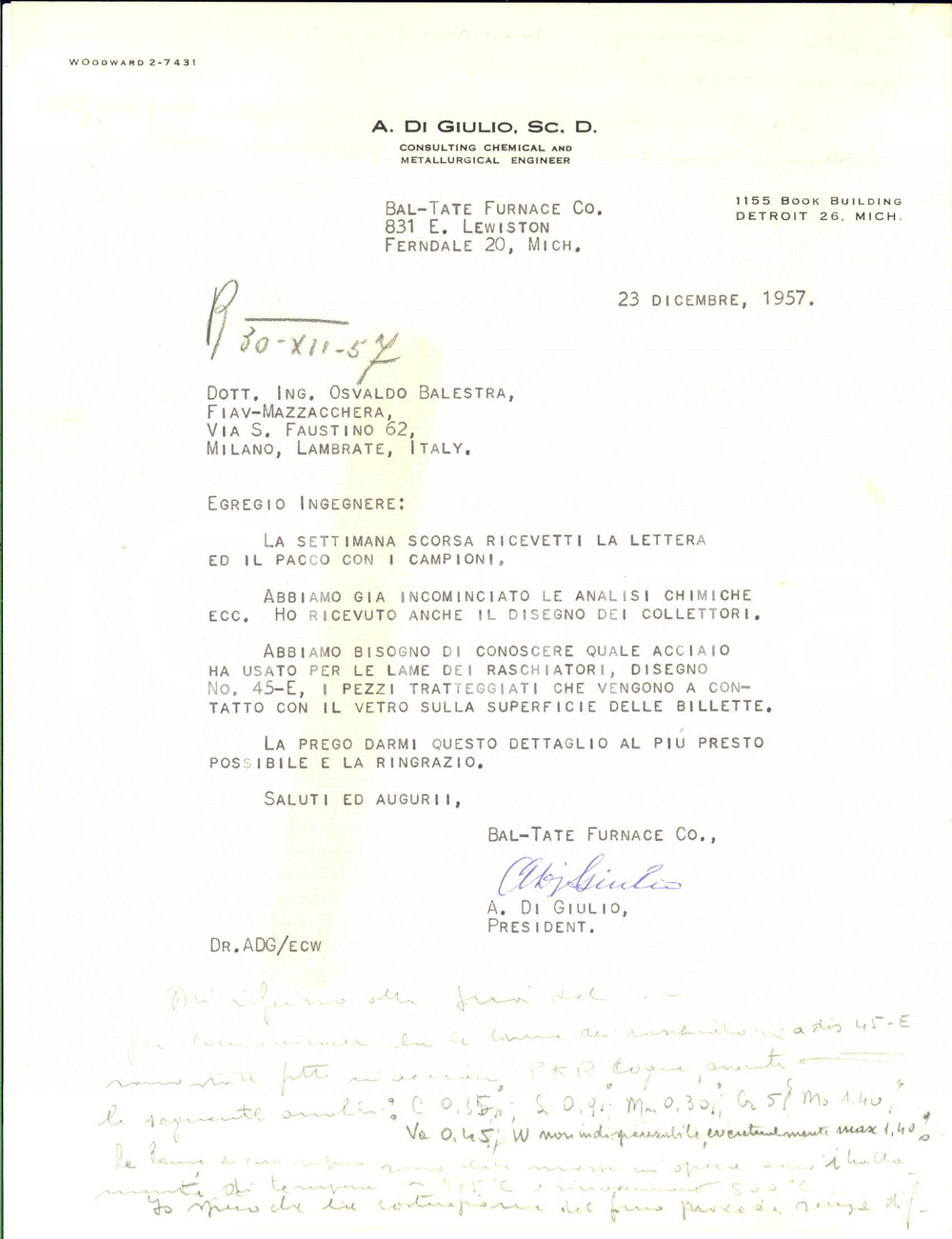 Manoscritto, lettera originale 1957 FERNDALE MICHIGAN Lettera A. DI GIULIO  BALTATE Furnace Co per campioni 1