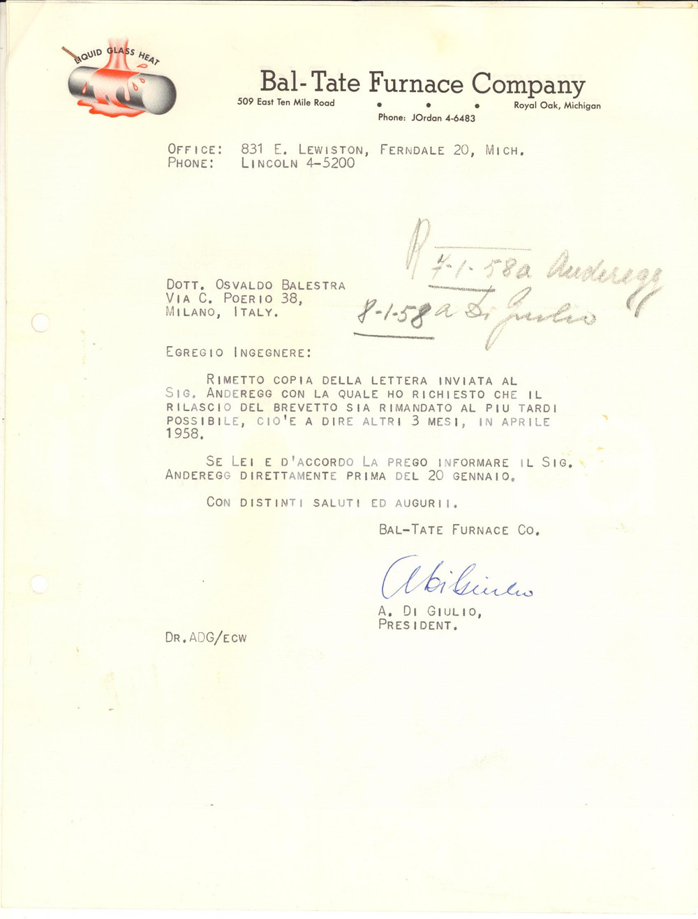 Manoscritto, lettera originale 1957 FERNDALE MICHIGAN Lettera A. DI GIULIO  BALTATE Furnace Company 1
