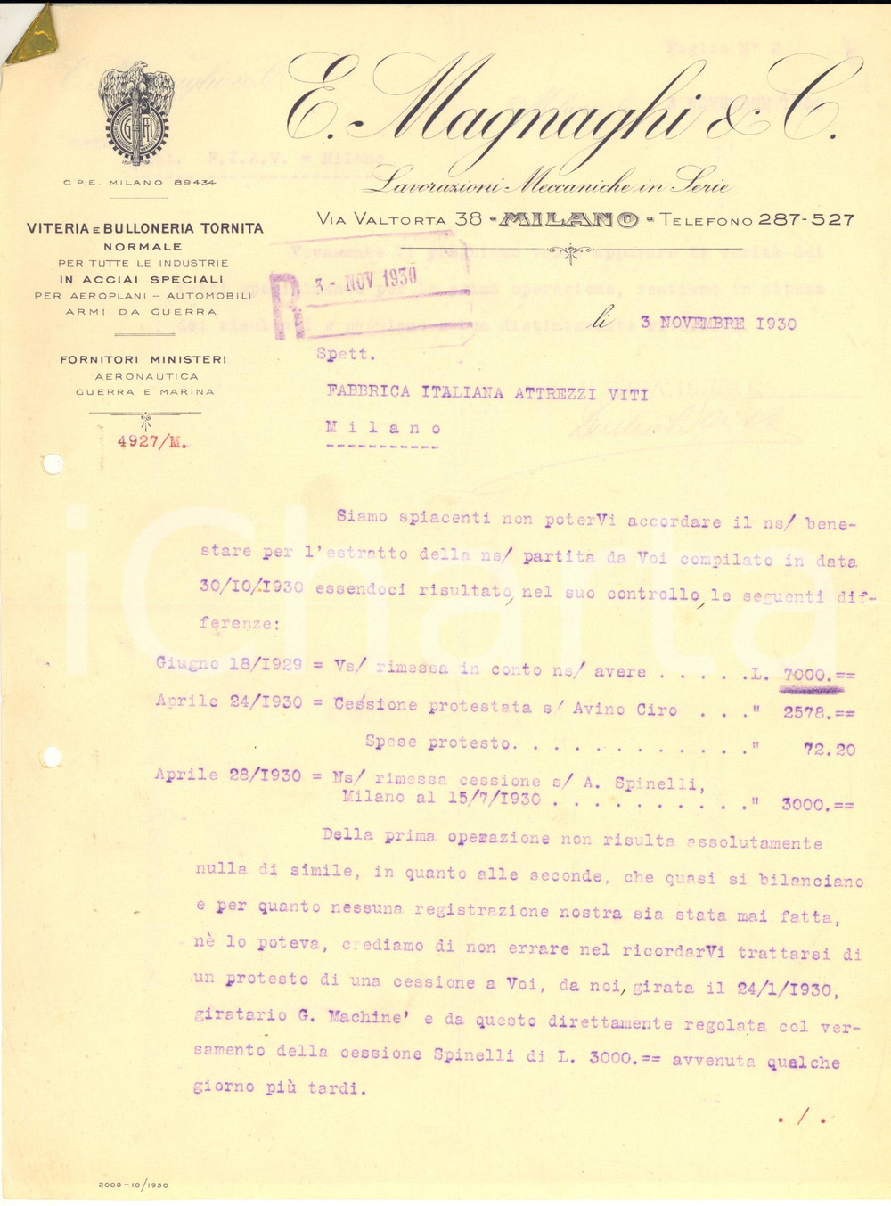 Manoscritto, lettera originale 1930 MILANO Via Valtorta 38 E. MAGNAGNI Lavorazioni meccaniche  Lettera 1