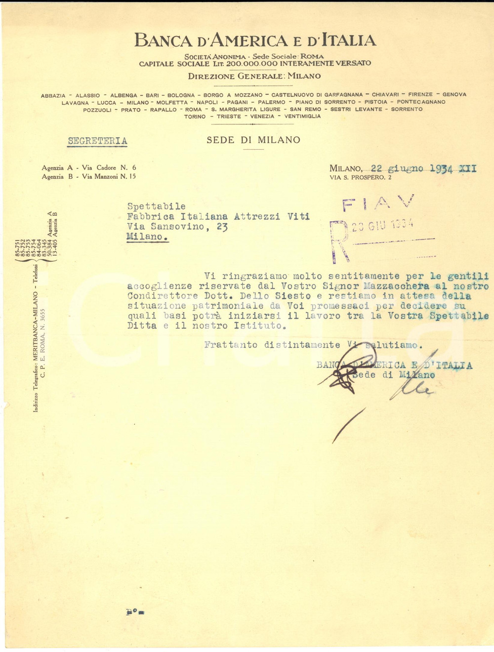 Manoscritto, lettera originale 1934 MILANO Via San Prospero 2  Lettera BANCA D AMERICA E D ITALIA 1