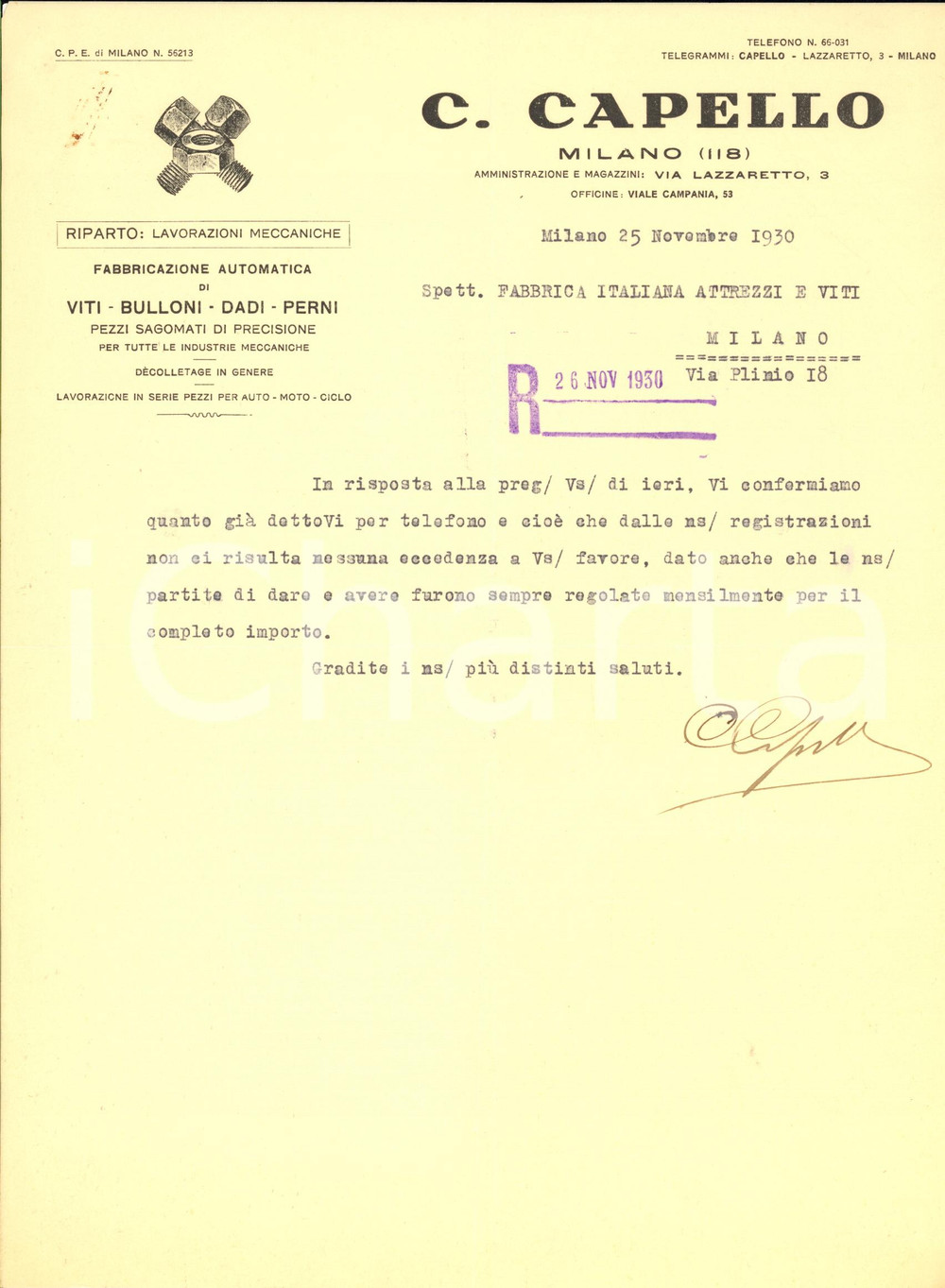 Manoscritto, lettera originale 1930 MILANO Ditta C. CAPELLO Fabbrica viti e bulloni  Lettera commerciale 1