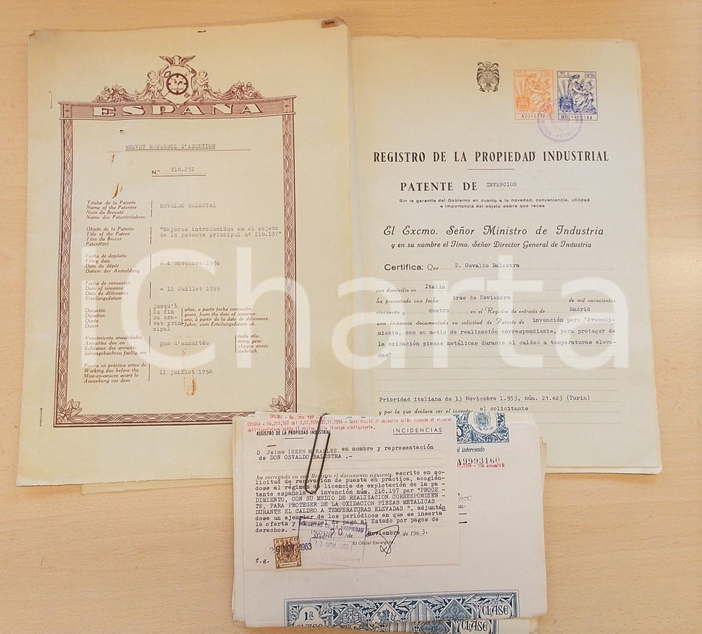 Documento originale, autentico 1954 ESPANA Brevetto di aggiunta alla patente di invenzione di Osvaldo BALESTRA 1