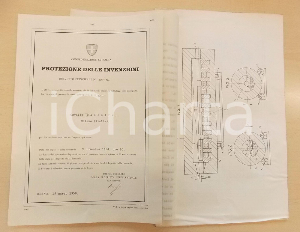 Documento originale, autentico 1958 SVIZZERA Brevetto invenzione Osvaldo BALESTRA per forno antiossidazione 1