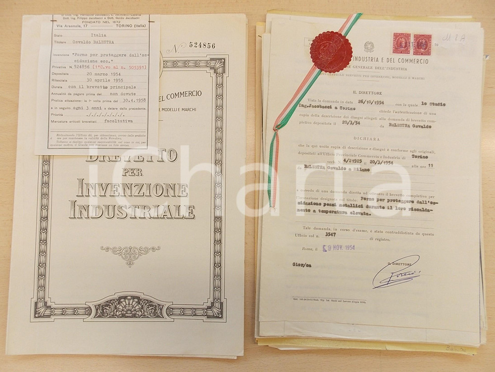 Documento originale, autentico 1955 ROMA Brevetto invenzione Osvaldo BALESTRA forno per oggetti metallici 1