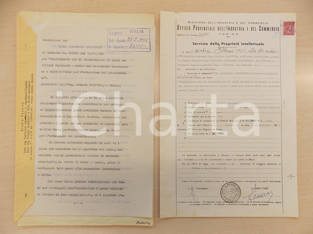 Documento originale, autentico 1955 ROMA Brevetto invenzione industriale Osvaldo BALESTRA  Domanda attestato 1