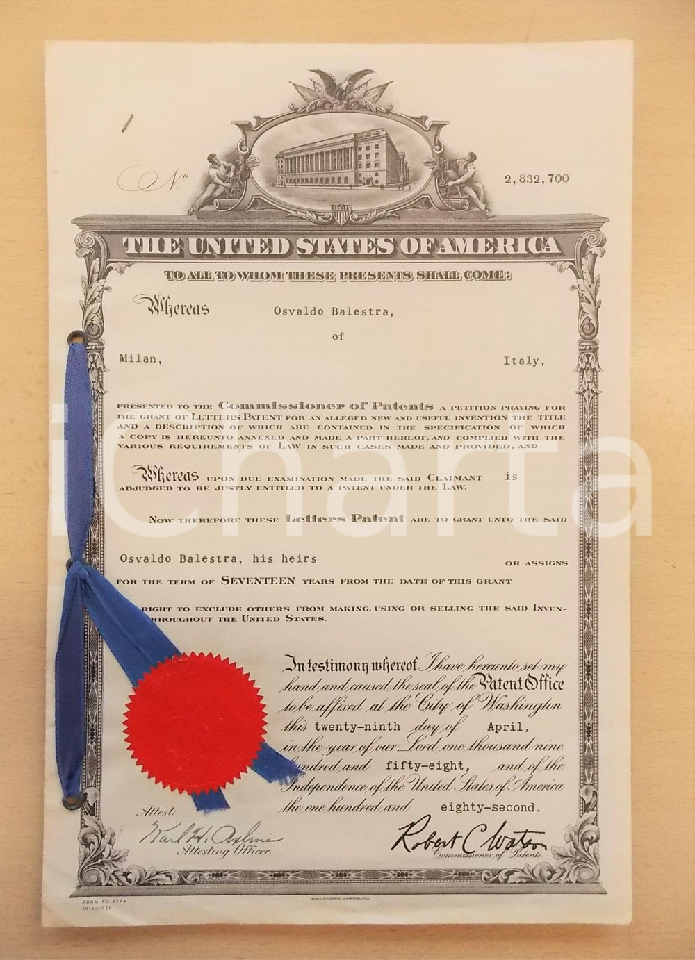 Documento originale, autentico 1958 USA Letters patents Osvaldo BALESTRA  Nonoxidising heating metal articles 1