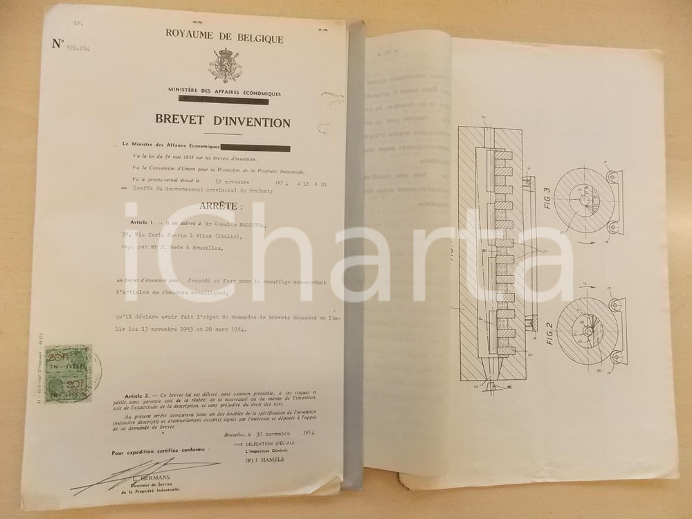 Documento originale, autentico 1954 BELGIO Brevetto invenzione Osvaldo BALESTRA per forno antiossidazione 1