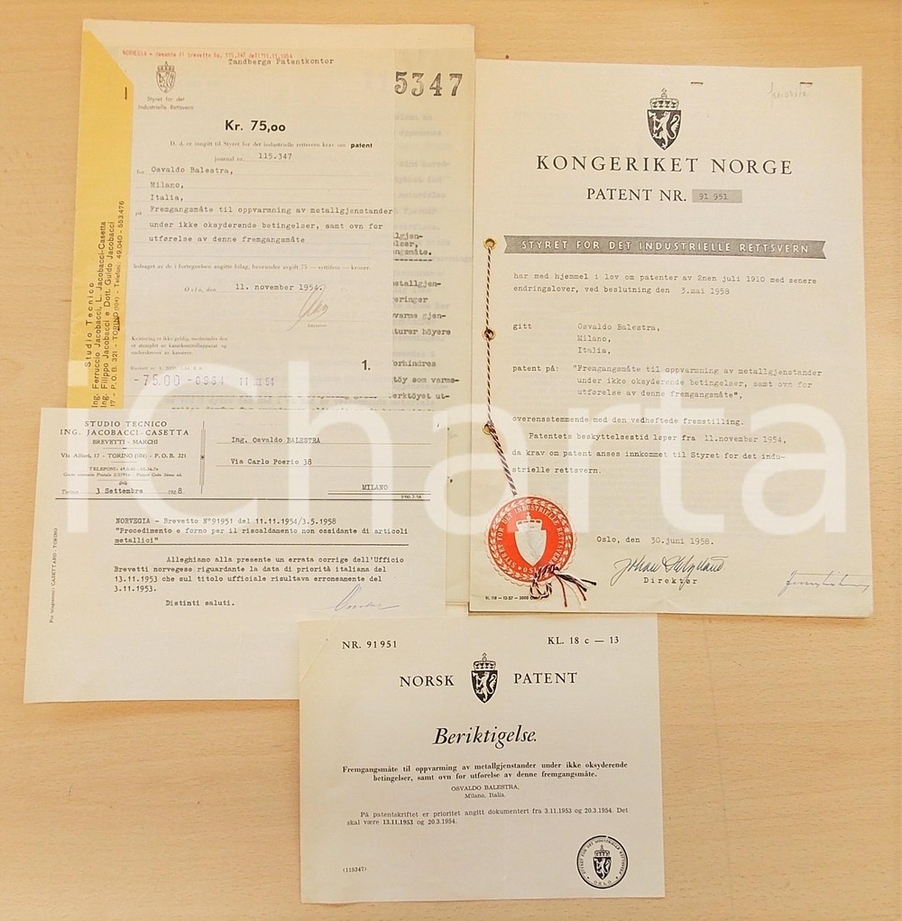 Documento originale, autentico 1958 NORVEGIA Brevetto invenzione Osvaldo BALESTRA per forno antiossidazione 1