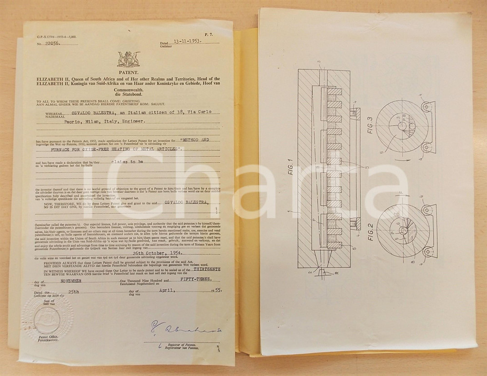 Documento originale, autentico 1955 SUD AFRICA Brevetto invenzione Osvaldo BALESTRA per forno antiossidazione 1