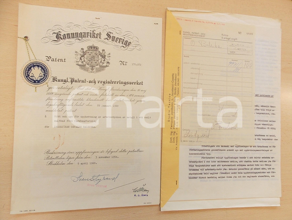 Documento originale, autentico 1960 SVEZIA Brevetto invenzione Osvaldo BALESTRA per forno antiossidazione 1