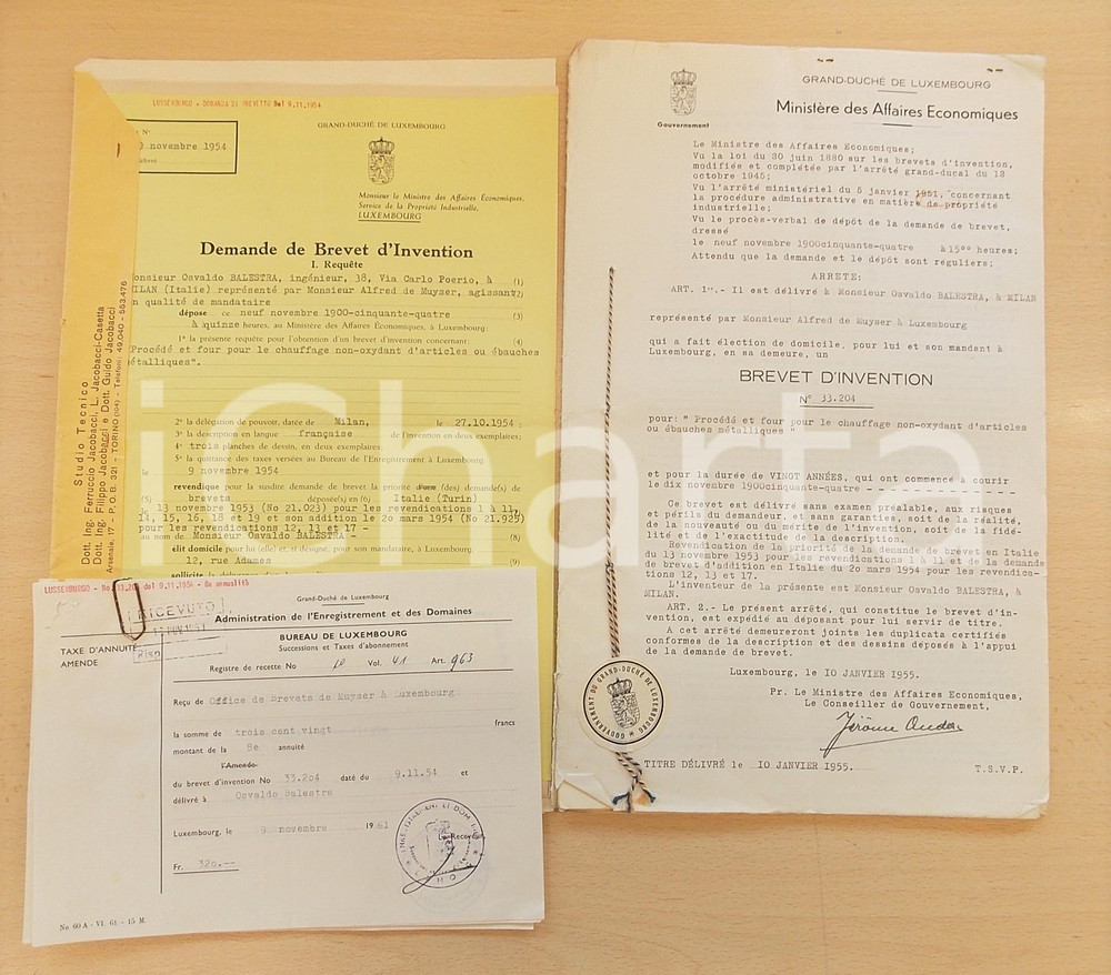 Documento originale, autentico 1955 LUSSEMBURGO Brevetto invenzione Osvaldo BALESTRA per forno antiossidazione 1