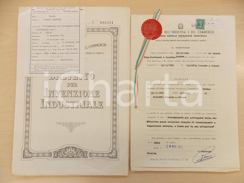 Documento originale, autentico 1954 ROMA Brevetto invenzione Osvaldo BALESTRA per forno antiossidazione 1