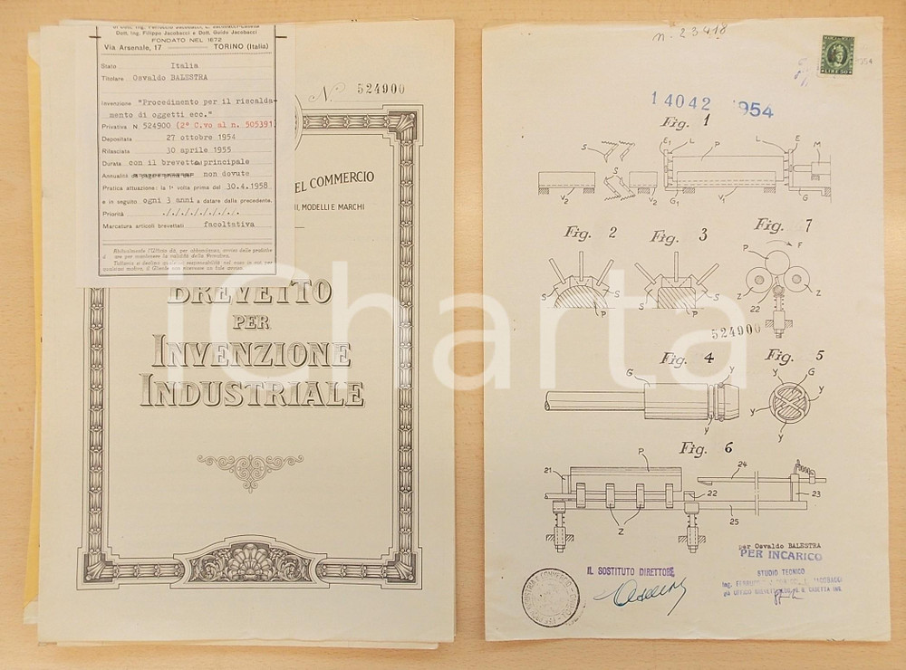 Documento originale, autentico 1955 ROMA Brevetto invenzione Osvaldo BALESTRA riscaldamento oggetti metallici 1