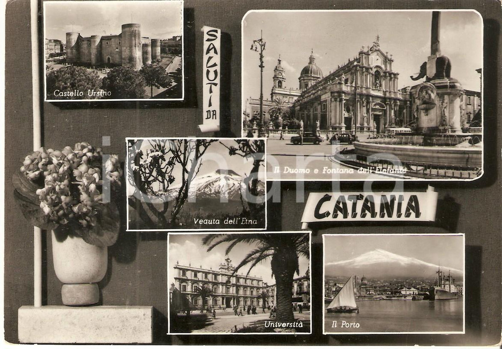 1958 CATANIA Vedutine Castello Ursino ETNA Fontana dell'elefante Cartolina FG VG