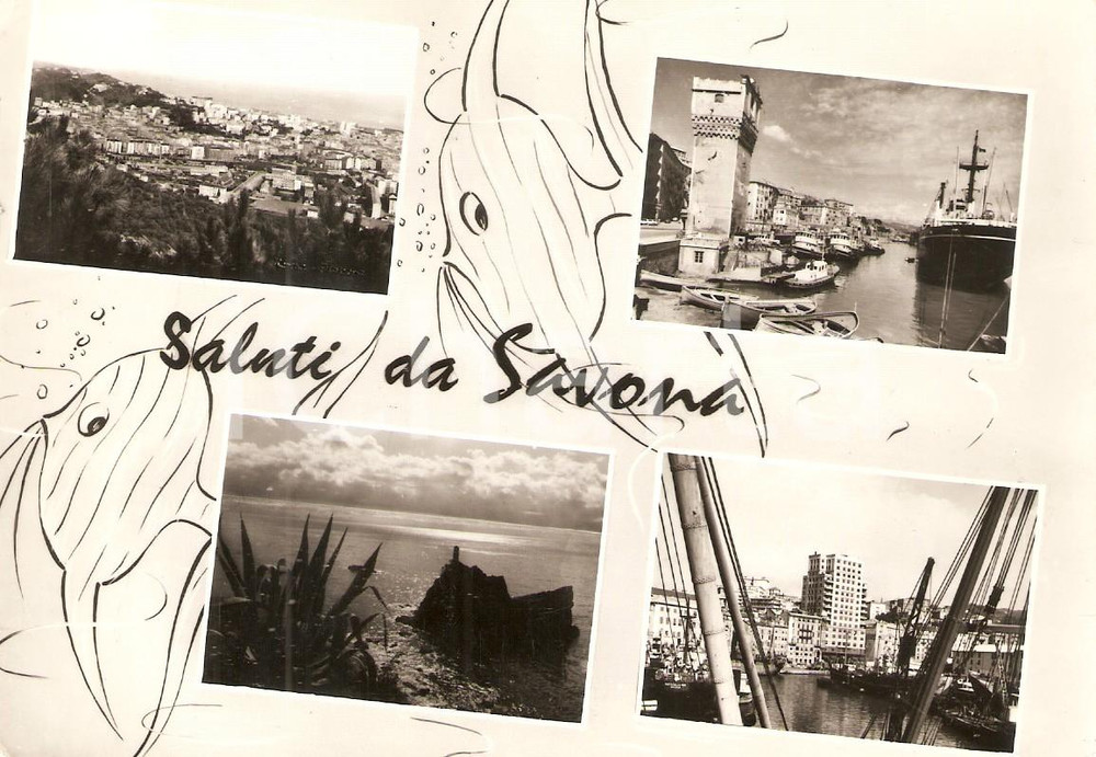 Cartolina originale da collezione 1966 SAVONA Vedutine con pesci ILLUSTRATA Cartolina FG VG 1