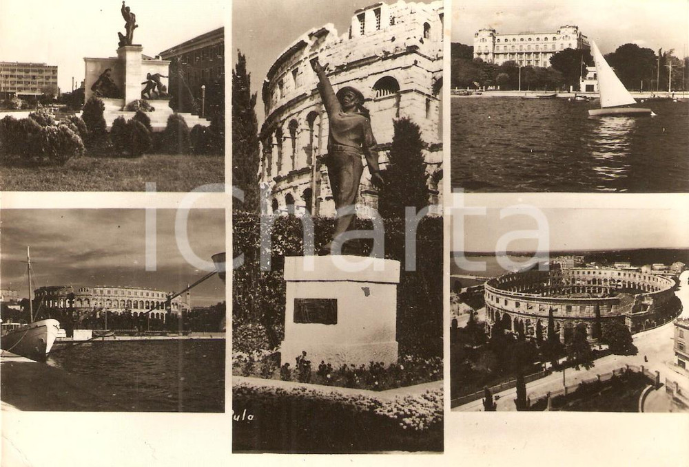 Cartolina originale da collezione 1959 POLA / PULA CROAZIA Vedutine arena romana e barca a vela Cartolina FG VG 1