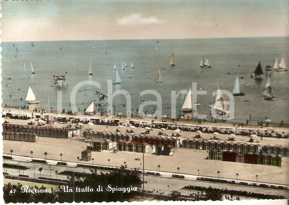 Cartolina originale da collezione 1954 RICCIONE RN Spiaggia e barche a vela Cartolina FG VG 1