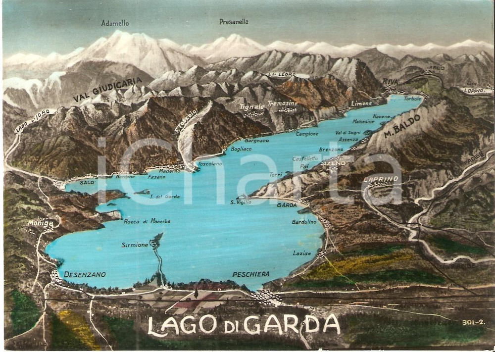Cartolina originale da collezione 1956 LAGO DI GARDA Panorama con VAL GIUDICARIA Cartolina FG VG 1