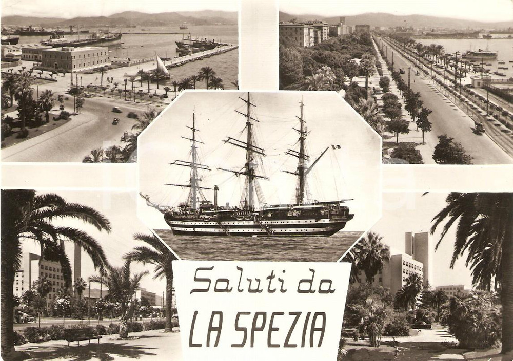 Cartolina originale da collezione 1964 LA SPEZIA Vedutine della città con veliero Cartolina FG VG 1