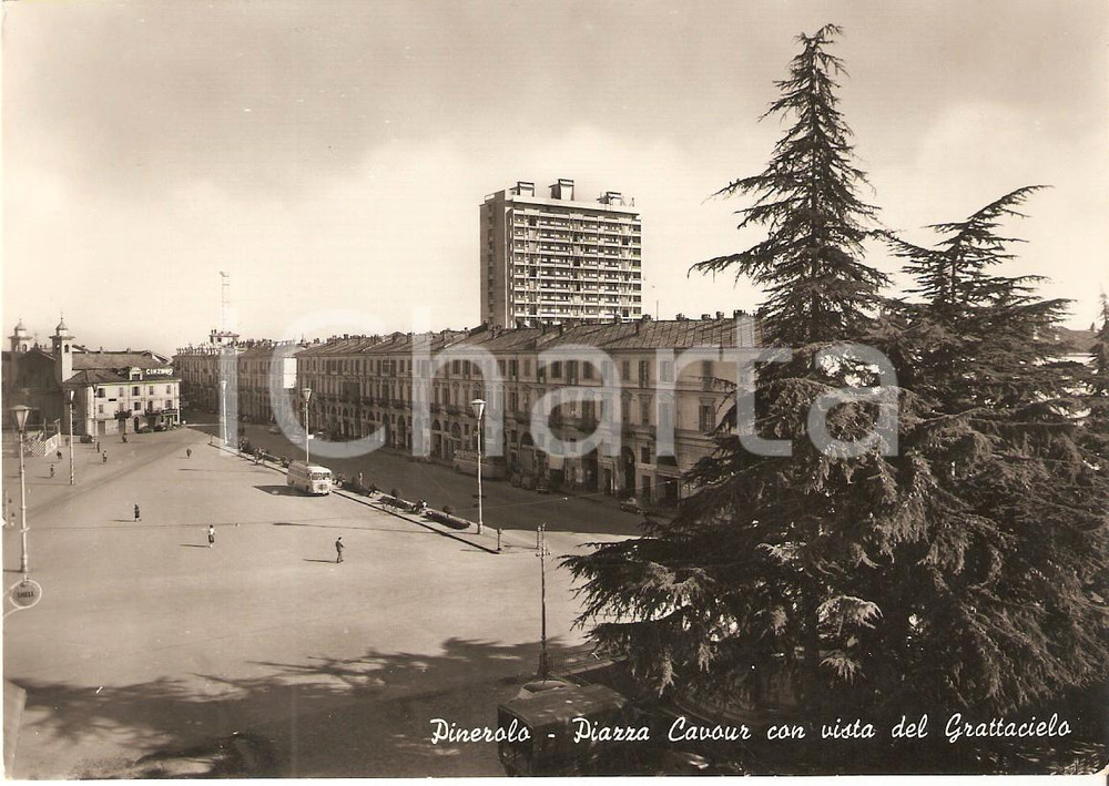 Cartolina originale da collezione 1957 PINEROLO Torpedone in Piazza CAVOUR Panorama dal Grattacielo Cartolina FG 1