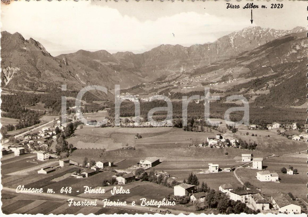 Cartolina originale da collezione 1964 CLUSONE BG Frazioni FIORINE e BOTTEGHINO con Pineta Selva Cartolina FG VG 1