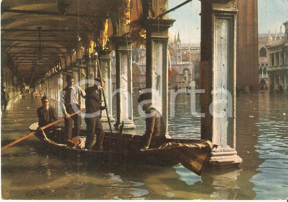 Cartolina originale da collezione 1966 VENEZIA Studenti affrontano alta marea in Piazza SAN MARCO Cartolina FG VG 1
