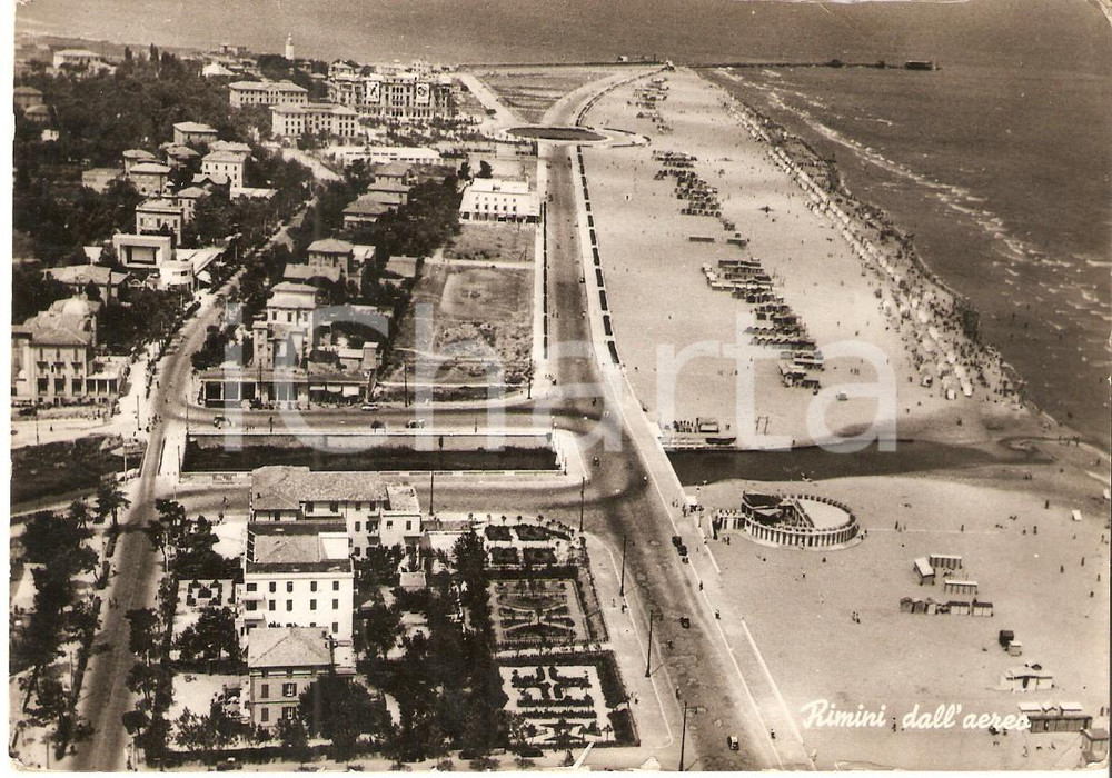Cartolina originale da collezione 1951 RIMINI Panorama a volo d uccello Cartolina FG VG 1