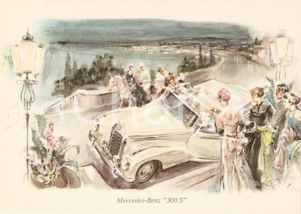 Cartolina originale da collezione 1960 ca MERCEDES BENZ 300 S a una serata di Gala Cartolina ILLUSTRATA FG NV 1