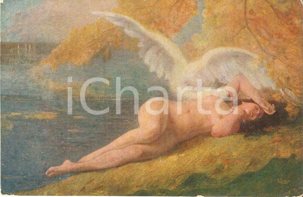1940 ca ARTE Leda e il cigno di SORIO *Cartolina ILLUSTRATA FP NV
