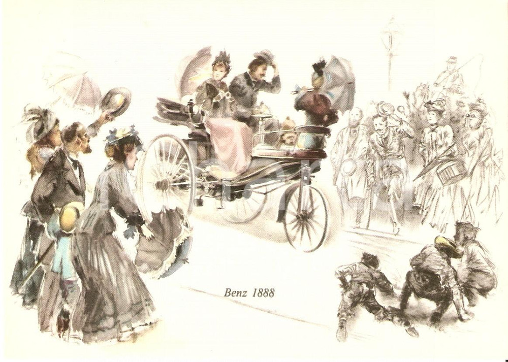 Cartolina originale da collezione 1960 ca MERCEDES BENZ Curiosi ammirano una BENZ 1888 Cartolina ILLUSTRATA FG NV 1