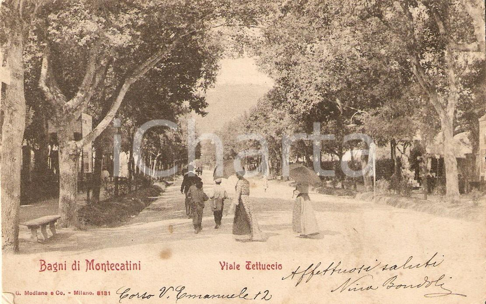 Cartolina originale da collezione 1908 BAGNI DI MONTECATINI Donne con ombrellino in Viale Tettuccio Cartolina FP 1