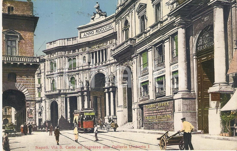 Cartolina originale da collezione 1919 NAPOLI Tram e uomo con carretto in Via San Carlo Cartolina FP VG 1
