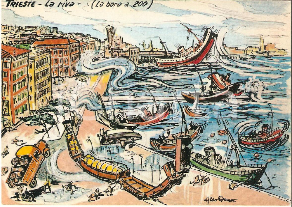 Cartolina originale da collezione 1965 TRIESTE Navi spinte a Riva dalla Bora Cartolina Illustrata Aldo ARONNE 1