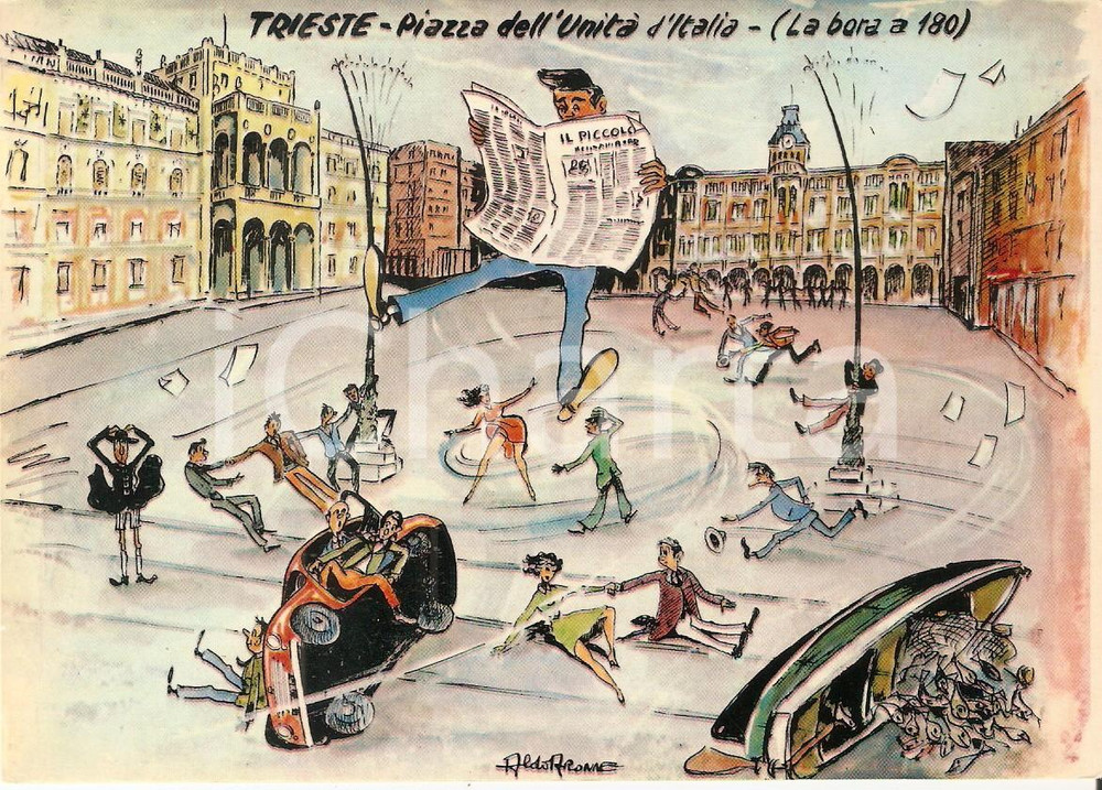 Cartolina originale da collezione 1965 ca TRIESTE Bora travolge lettore de IL PICCOLO Cartolina Ill. Aldo ARONNE 1