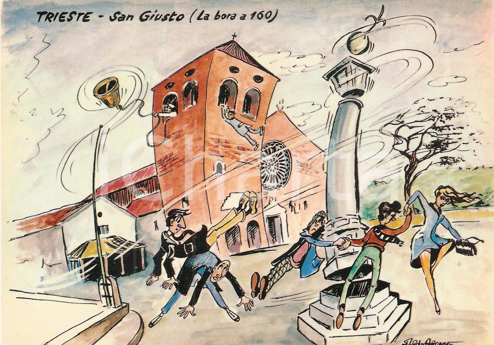 1965 TRIESTE Bora travolge Basilica SAN GIUSTO *Cartolina Illustrata Aldo ARONNE