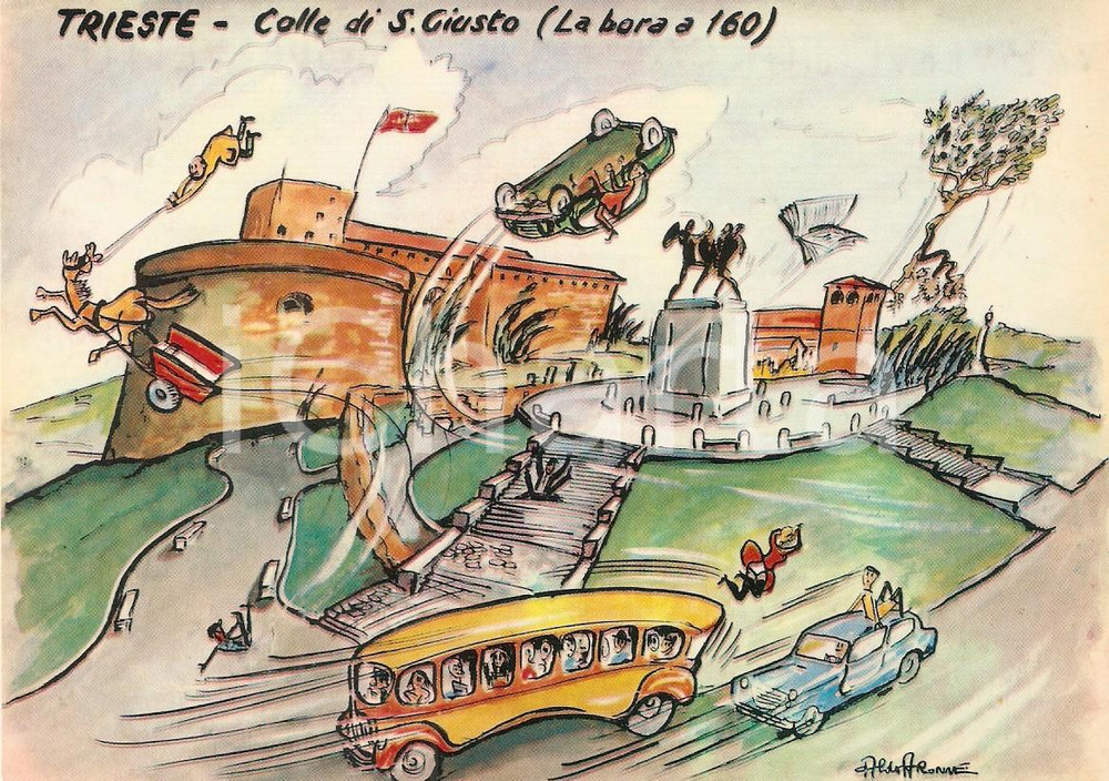 Cartolina originale da collezione 1965 TRIESTE Bora travolge colle di SAN GIUSTO Cartolina Illustrata Aldo ARONNE 1