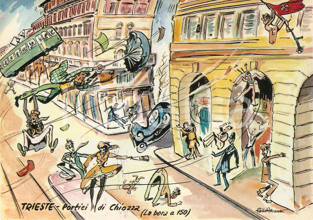 Cartolina originale da collezione 1965 TRIESTE Bora travolge Portici di CHIOZZA Cartolina Illustrata Aldo ARONNE 1
